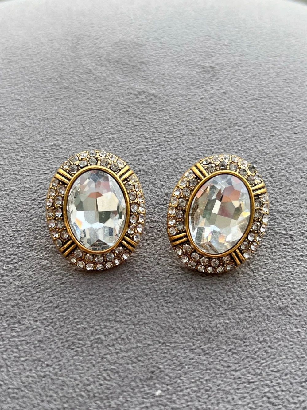 Crystal Oval Gold Tone Halo Stud Earrings